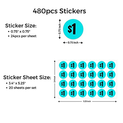 Mobiusea Creation 480pcs 1 Dollar Price Stickers Price Tag Labels 3/4" - size: 1 Dollars | 480pcs