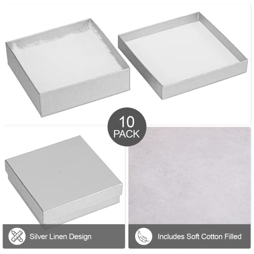Cardboard Jewelry Boxes 10 Pack - 3.5"x3.5"x1" Bulk Cotton Filled Small Gift Boxes with Lids for Jewelry Packaging (Silver Linen) - color: Silver Linen