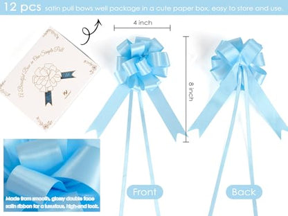 HUIHUANG Baby Blue Satin Pull Gift Bows for Baby Boy Shower, 12 PCS - color: Baby Blue, size: 1 Pack (12 bows, 4 in x 8 in)