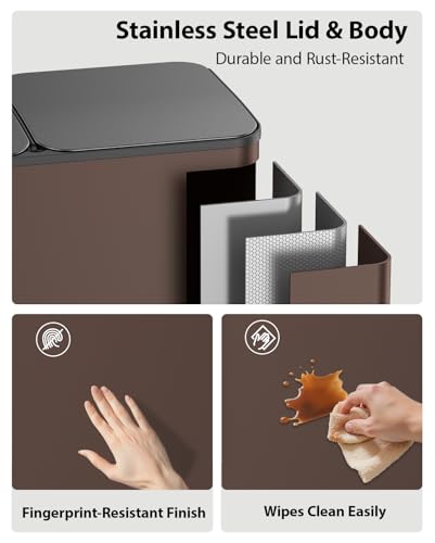Dual Trash and Recycling Bins for Kitchen, 2×13 Gallon (2× 50L) Stainless Steel Trash and Recycle Bin Combo with Soft-Close Lid, Large Garbage Cans for Kitchen Home with 2 Magnets Sticker, Brown - color: Brown