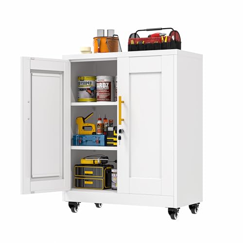 GAIOUS 35'' Tall Metal Storage Cabinet with Lock and Wheels, Steel Office Cabinet with 2 Door and 2 Adjustable Shelves, Lockable File Cabinet, Garage Cabinet, Rolling Cabinet for Home Office - White - color: White, size: 13.8''D x 27.6''W x 35.4''H