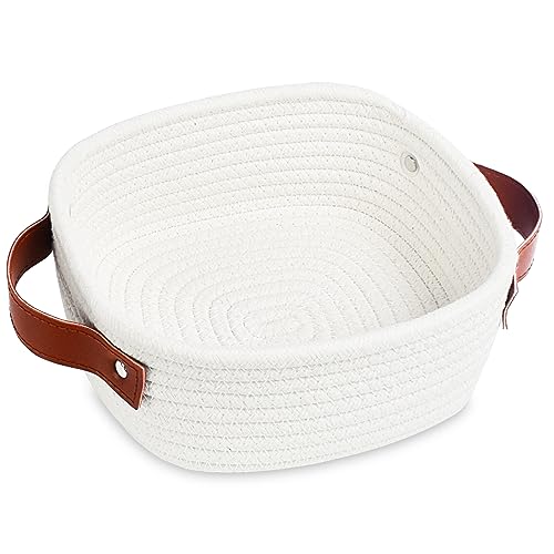 ABenkle Small Storage Basket, Mini Baskets, Cute Rope Woven Basket for Organizing, Square Shelf Storage with Handle, Boho Decorative Toy Bin for Nursery, Spa, Empty Gift Baskets - XS - color: White