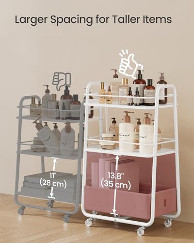 VASAGLE Storage Cart with Fabric Basket, 3-Tier Rolling Utility Cart - color: Cloud White + Camel Brown, style: 16.9"D x 11.8"W x 31.9"H