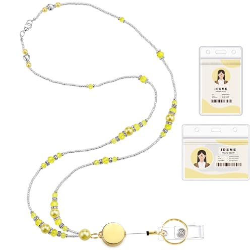 Beaded Teacher Lanyard with Retractable Badge Reel, Yellow - color: Yellow