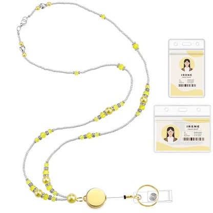 Beaded Teacher Lanyard with Retractable Badge Reel, Yellow - color: Yellow