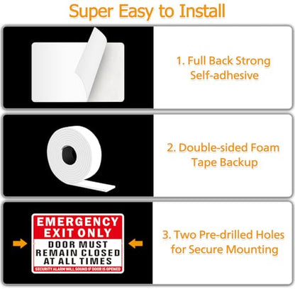 Emergency Exit Only Sign, (2 Pack) Self Adhesive Emergency Exit Sign Sticker for Door, Rust Free and Reflective Aluminum Metal Signs for Wall (9 x 6 inches, Red/White) - color: Red /White