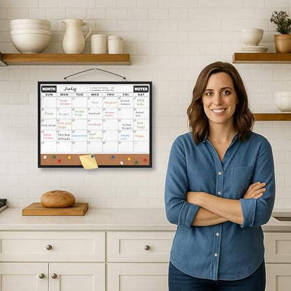 Monthly Calendar Dry Erase Board 16x12 Inch, Double-Sided Whiteboard and Corkboard Combo with Black Aluminum Frame, Wall Mounted Planner Organizer with Markers, Magnets, Push Pins, Eraser - size: 16"W x 12"H, style: Black Aluminum Frame