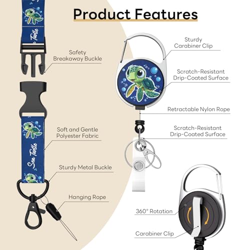 Retractable Badge Holder with Detachable Lanyard, Cute Turtle - color: Cute Turtle