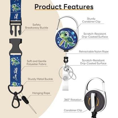 Retractable Badge Holder with Detachable Lanyard, Cute Turtle - color: Cute Turtle