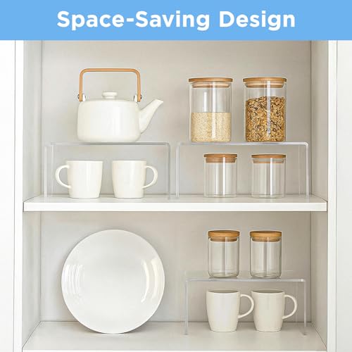4 Pack Large Acrylic Risers – Clear Display Shelf Organizer for Kitchen, Countertop, Spices, Perfume, Cupcakes (12.4” x 4” x 4.6”) – Non-Slip & Durable