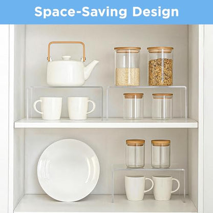 4 Pack Large Acrylic Risers – Clear Display Shelf Organizer for Kitchen, Countertop, Spices, Perfume, Cupcakes (12.4” x 4” x 4.6”) – Non-Slip & Durable