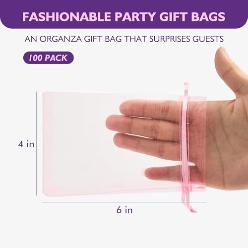 PACKINNO 100pcs Pink Organza Bags, Sheer Organza Bags 4x6 Inch, Small Mesh Bag, Drawstring Gift Bags for Jewelry, Party, Candy, Christmas, Festival, Bathroom Soaps, Makeup - color: Pink