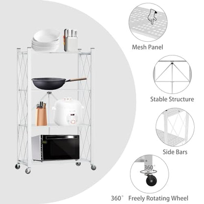 4-Tier Folding Shelf with Wheels No Assembly Portable Shelves - color: White, size: 4 Tier
