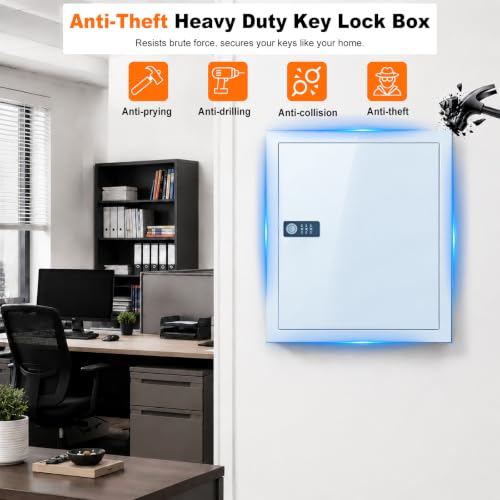 Lock Key Cabinet with Storage: 131-Keys Steel Wall Mount Key Cabinet Organizer - Large Storage and Secure Combination Lock Box for Office Home Business White