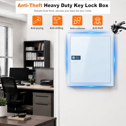 Lock Key Cabinet with Storage: 131-Keys Steel Wall Mount Key Cabinet Organizer - Large Storage and Secure Combination Lock Box for Office Home Business White