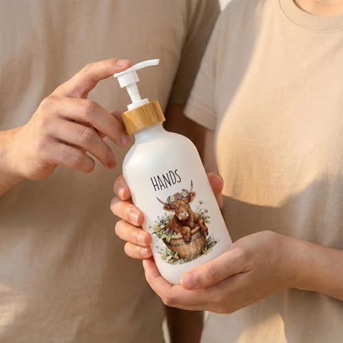 Highland Cow Farmhouse Hand and Dish Soap Dispenser Set, Highland Cow Lover Gifts Glass Soap Dispenser for Kitchen, Floral Heifer Refillable Handsoap Pump Bottle for Bathroom Countertop - color: Highland Cow Set of 2