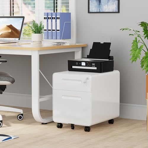 2 Drawer Mobile Low Profile File Cabinet with Lock and 4 Keys - color: White, size: 19.1"H*15.7"W-2 Drawers