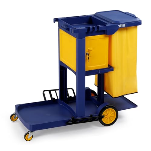 TUFFIOM Multifunctional Janitorial Cart with Key-Locking Cabinet,Cleaning Carts on Wheels,with 15 Gallon Collection Bag,500 lbs Capacity, Yellow&Blue - color: Blue