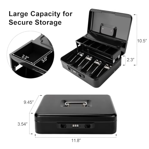 Jssmst Metal Cash Box with Money Tray and Lock, Portable Cash Drawer, 11.8" - color: Black Code-B