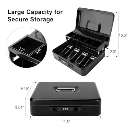 Jssmst Metal Cash Box with Money Tray and Lock, Portable Cash Drawer, 11.8" - color: Black Code-B