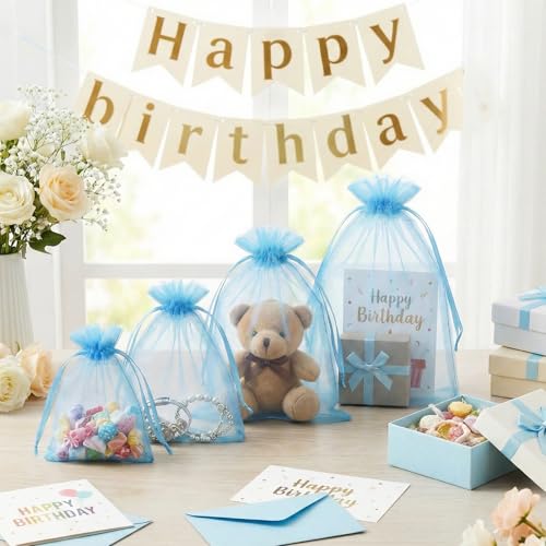 FUNFERY 100Pcs Baby Blue Organza Bags 3x4 in,Small Mesh Drawstring Gift Bag - color: Baby Blue-3"x4"