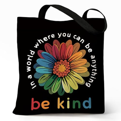 Cute Canvas Tote Bag for Women, Book Totebag with Zipper Pocket - color: Flower Be Kind