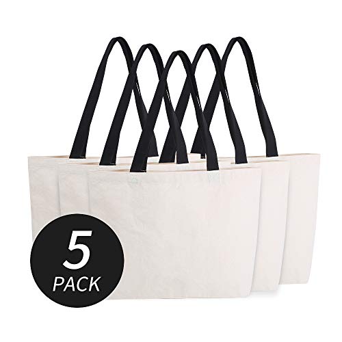 Azuca Reusable Grocery Canvas Bags with Inner Pocket Large Beach Shopping Heavy Duty 12 oz Tote Multi Purpose Natural - 20.5 x 14.5 x4.5 inch, 5 Pack - color: Natural - 20.5"l X 14.5"w X 4.5"h
