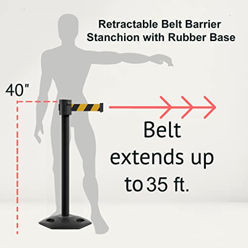 Montour Line MSR760 Set of 2 Retractable Belt Barrier Stanchion, Rubber Base, Black Powder Coated Post (35 ft Blue and White Diagonal Belt) - color: Blue and White Diagonal, size: Black Powder Coated
