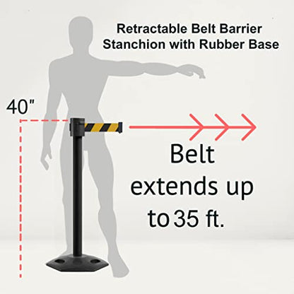 Montour Line MSR760 Set of 2 Retractable Belt Barrier Stanchion, Rubber Base, Black Powder Coated Post (35 ft Blue and White Diagonal Belt) - color: Blue and White Diagonal, size: Black Powder Coated