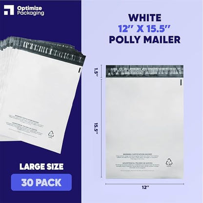12 x 15.5 Heavy-Duty Poly Mailers – 30-Pack, 3 Mil Thick Shipping Bags – Waterproof, Tear-Resistant, Recyclable Envelopes for Small Business & Clothing (White, 12" x 15.5") - size: 12" x 15.5"