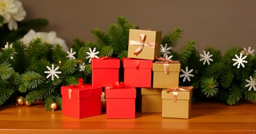 Gift Box with Lid & Ribbon for present, 12pcs, 4"×4"×4" - color: Gold & Red, size: 4 x 4 x 4 Inch