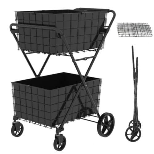 Extra Jumbo Foldable Shopping Cart with 2 Removable Baskets and Waterproof Liner, Heavy Duty Utility Grocery cart on Wheels, Rolling 2-Tier Laundry cart with 360° Swivel Front Wheels (2-Tire) (Black) - color: Black