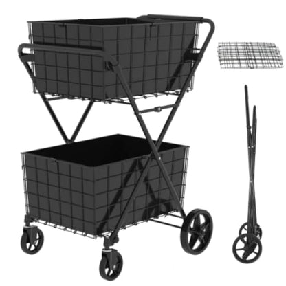 Extra Jumbo Foldable Shopping Cart with 2 Removable Baskets and Waterproof Liner, Heavy Duty Utility Grocery cart on Wheels, Rolling 2-Tier Laundry cart with 360° Swivel Front Wheels (2-Tire) (Black) - color: Black