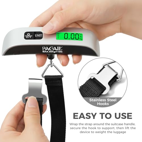 BAGAIL Digital Luggage Scale, 110lbs Hanging Baggage Scale with Backlit LCD Display, Portable Suitcase Weighing Scale, Travel Luggage Weight Scale with Hook, Strong Straps for Travelers - color: 2 * Ash Silver