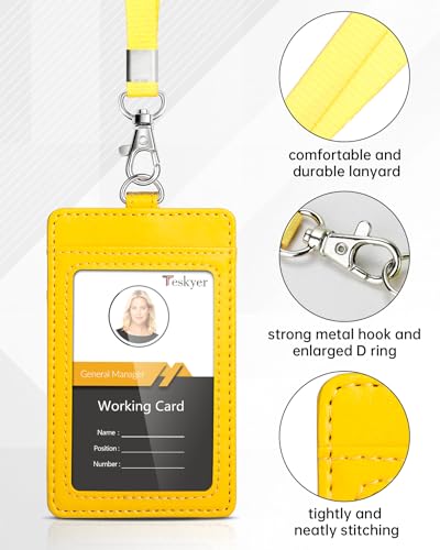 Teskyer Leather ID Badge Holder with Lanyard, Vertical Bright Yellow - color: Bright Yellow, size: Vertical