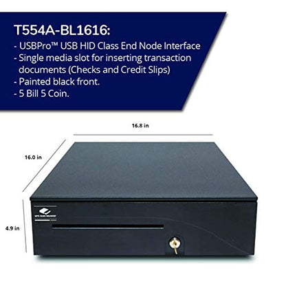 APG Heavy-Duty 16" Point of Sale Cash Drawer | Series 100 T554A-BL1616 |USBPro II USB Interface 24V | 5 Bill/ 5 Coin Compartments | 16" x 4.9" x 16.8" | Black - color: Usb - Black, size: 16" - 5x5