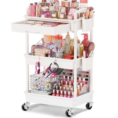 Goovilla Rolling Makeup Organizer Cart with Removable Drawer, 3 Tier White - color: White, size: 3 Tier