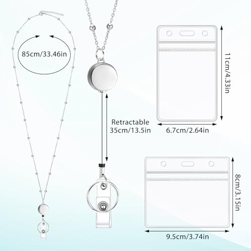 Lanyards for Id Badges Stainless Steel Lanyard with 2 Waterproof ID Holders - color: Silver