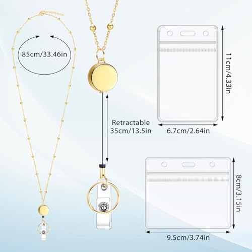 Gold Stainless Steel Lanyards for Id Badges with 2 Holders Retractable Reel - color: Gold