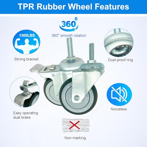 4 inch Swivel Caster Wheels Heavy Duty with Aluminum Brake, 3/8"-16x1 Threaded Stem Casters Set of 4, TPR Rubber Wheels for Hospital, Lab, Furnitures,Restaurant - color: Grey TPR, size: 3/8"-16x1", style: 4 AL brake