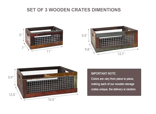 TIMRIS Set of 3 Rustic Wood Nesting Crates, Farmhouse Distressed Wooden Storage Boxes, Decorative Reclaimed Wood Organizer Baskets with Wire Mesh (Random) - size: Set of 3