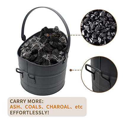 Poofzy Ash Bucket for Fireplace, 2.6 Gallon Metal Fireplace Ash Bucket for Wood Stove, Includes Shovel, Broom and Gloves Indoor & Outdoor - size: 2.6 Gallon (Black)