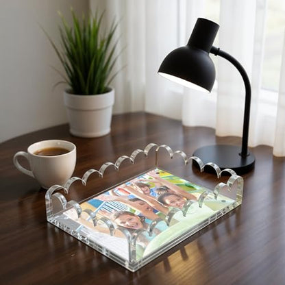 Acrylic Scalloped Tray with Magnetic Mat, 7.8x5.8 Inch Customizable Display for Photos Art Messages, Clear Serving Tray Organizer Non-Slip Base, Home Office Decor or Gift