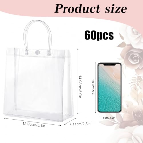 60 Pcs Clear Plastic Gift Bags with Handle Reusable Small Transparent PVC Wrap Tote Bags 5.9X5.1X2.8 inches for Bachelorette Bridesmaid Wedding Birthday Christmas Party Favor