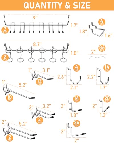 INCLY 206PCS Heavy Duty 1/4" Pegboard Hooks Set for Hanging Tools - size: 1/4 Inch