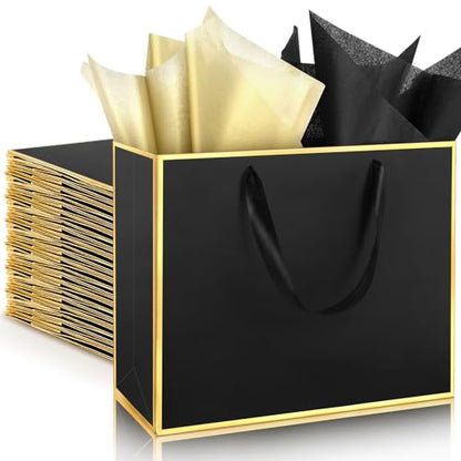 ReliThick 12 Pack Paper Gift Bag with Handles & Tissue, Black, Gold - color: Black, Gold