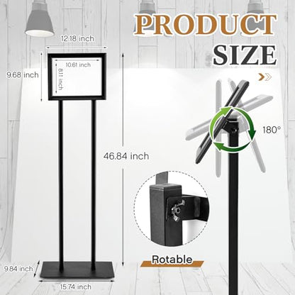 Floor Standing Sign Holder Menu Stand Metal Pedestal Poster Board Stand 8.5 x 11 Inch Advertisement Display Aluminum Snap Open Frame for Outdoor Restaurant Cafe Hotel, Black