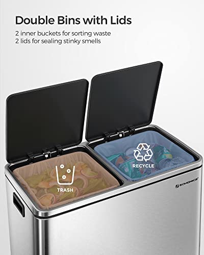 SONGMICS Trash Can, 2 x 8 Gallon (2 x 30 L), Silver and Black - color: Silver + Black, size: 2 x 8 Gallon