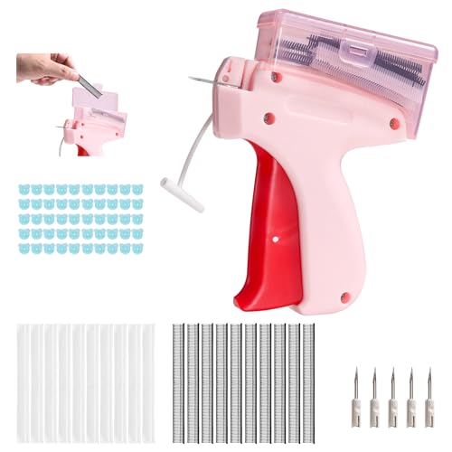 clothes stitch gun tagging gun for clothing for clothes，Single needle mini clothing embroidery sewing gun，the stitchy quick stitch sewing gun for clothes ，6-pin label gun and 2000 fasteners（Pink）