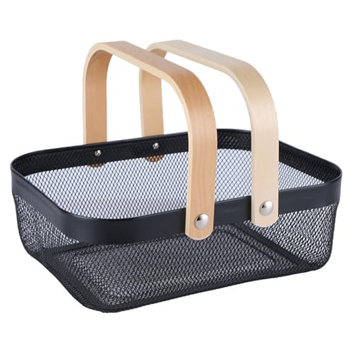 AJIODA Metal Mesh Steel Basket, Storage Organizer Basket Garden Harvest Basket Multi-functional Kitchen Fruit Baskets Bin with Wooden Handle for Bathroom Picnic Shopping Decor Cabinet Home, Black - color: Black